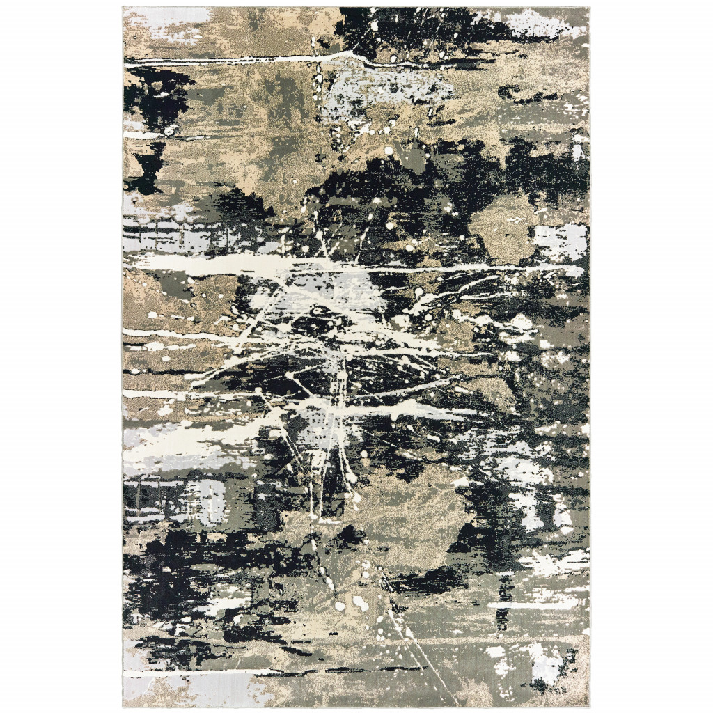 8" X 11" Black Gold Grey And Ivory Abstract Power Loom Stain Resistant Area Rug