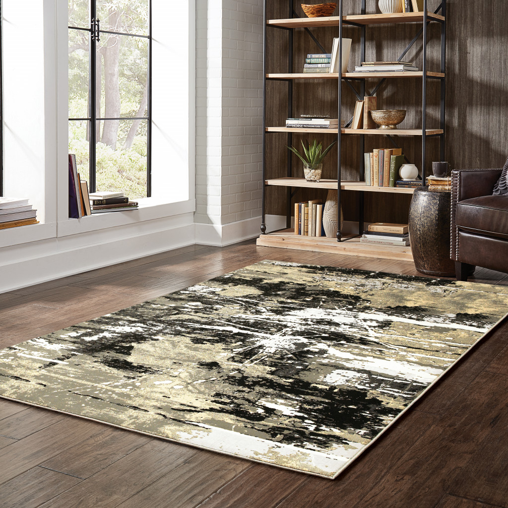 8" X 11" Black Gold Grey And Ivory Abstract Power Loom Stain Resistant Area Rug