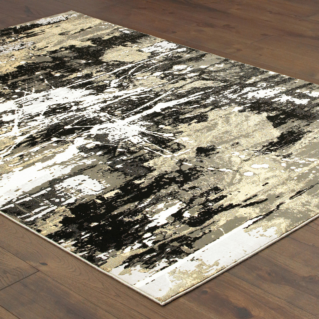 8" X 11" Black Gold Grey And Ivory Abstract Power Loom Stain Resistant Area Rug
