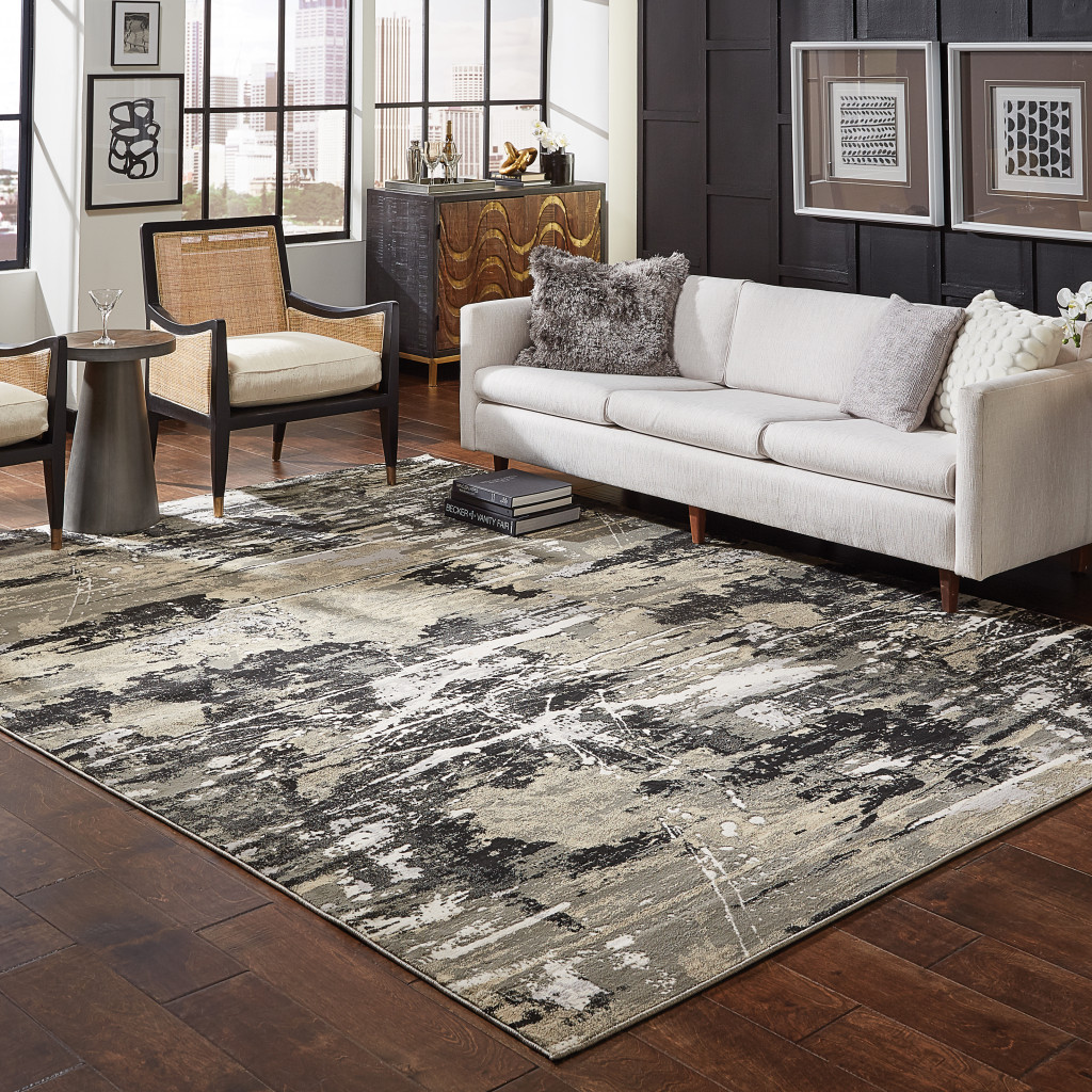 8" X 11" Black Gold Grey And Ivory Abstract Power Loom Stain Resistant Area Rug