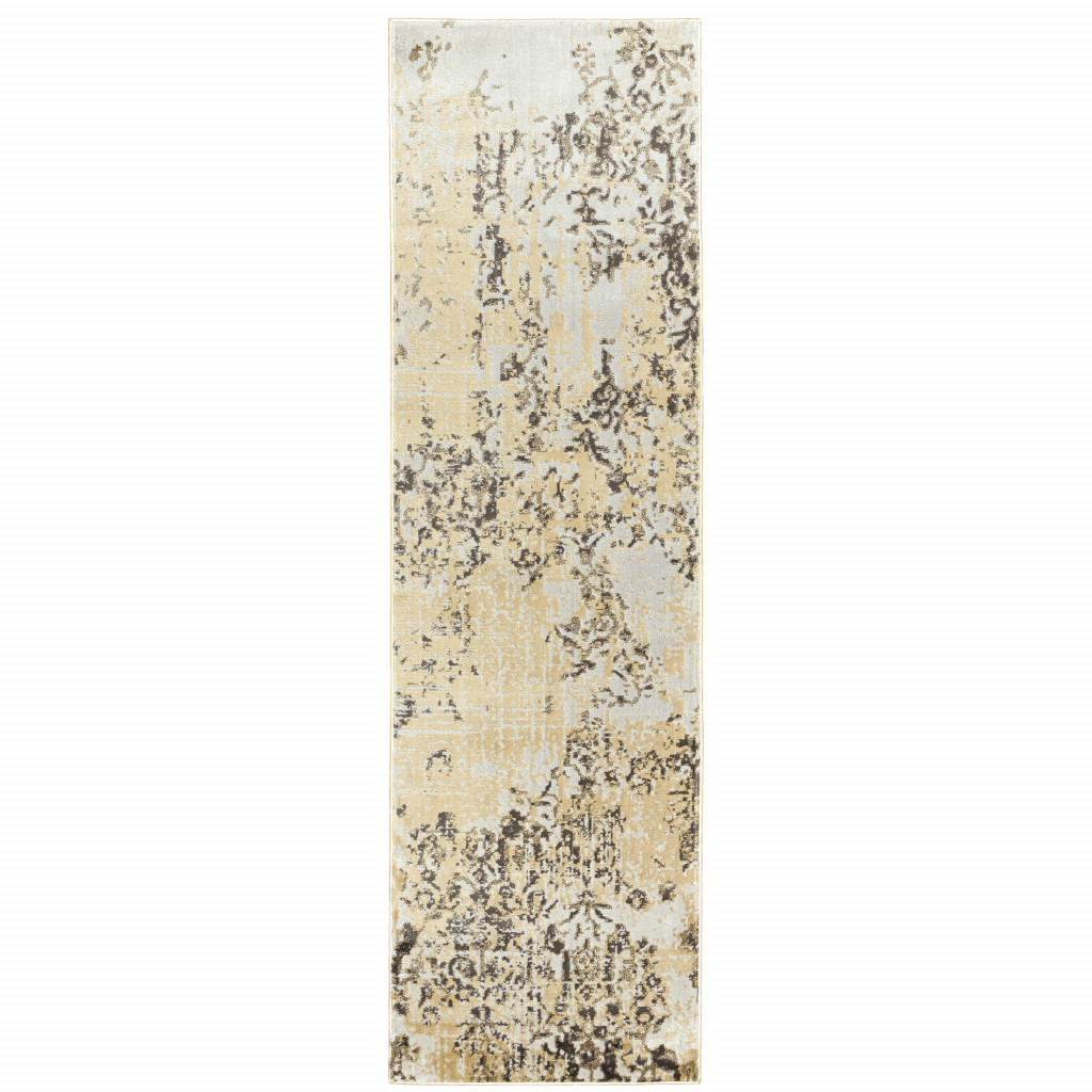 2 X 8 grey And gold Abstract Power Loom Stain Resistant Runner Rug
