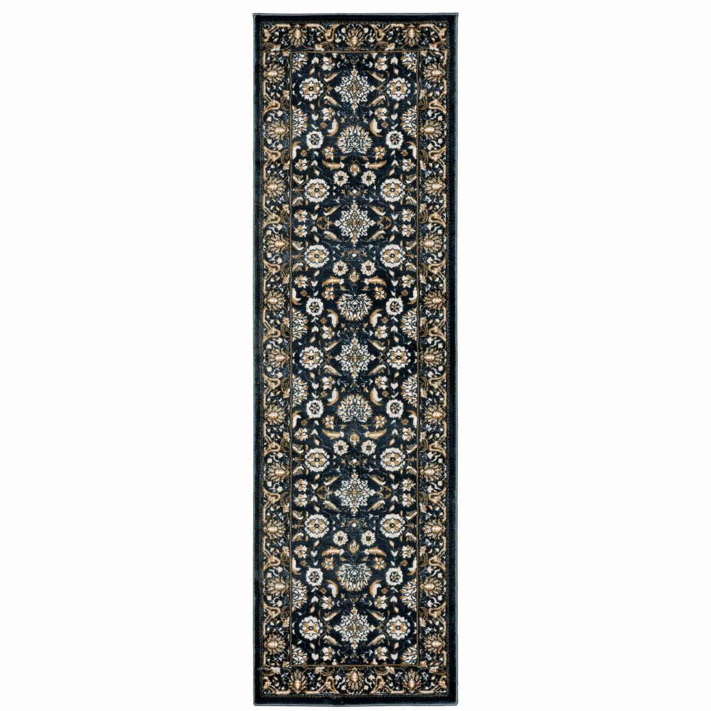 2 X 8 Navy caramel And Ivory Oriental Power Loom Stain Resistant Runner Rug