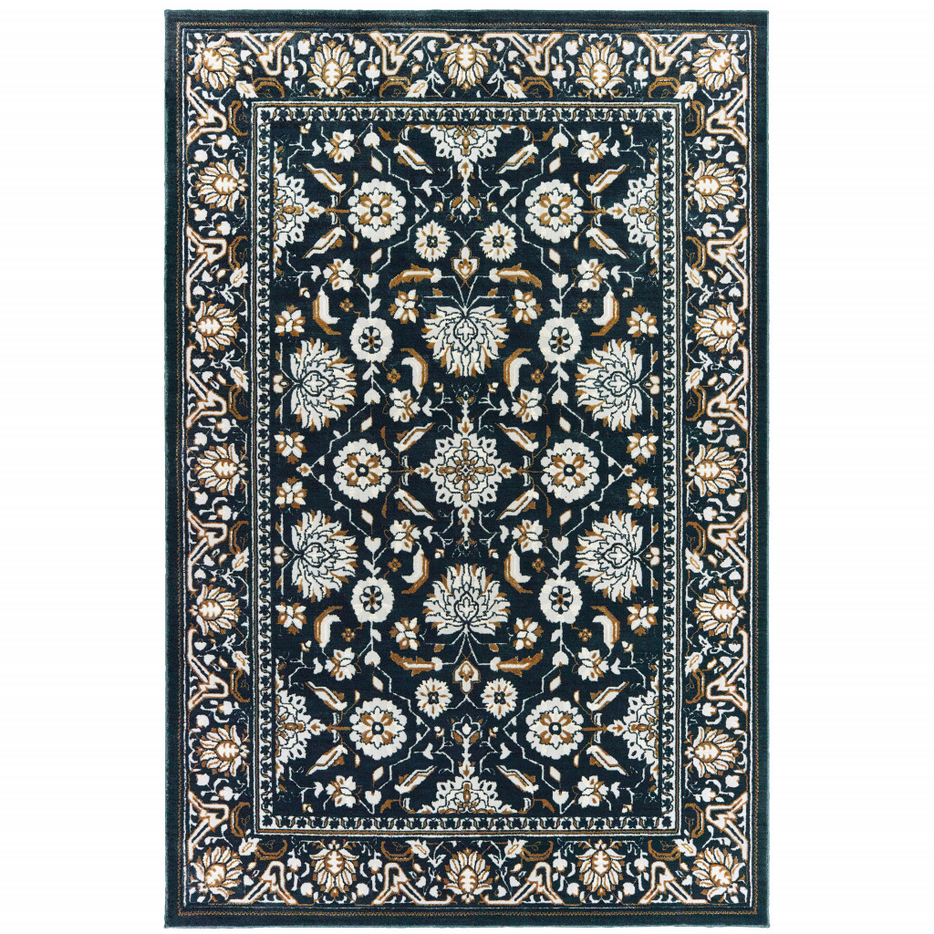 5" X 8" Navy Caramel And Ivory Oriental Power Loom Stain Resistant Area Rug