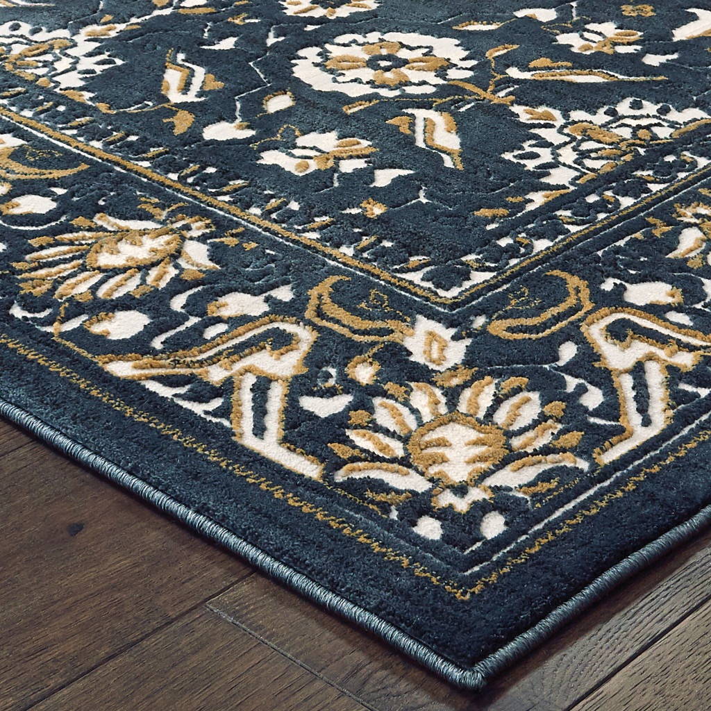 5" X 8" Navy Caramel And Ivory Oriental Power Loom Stain Resistant Area Rug