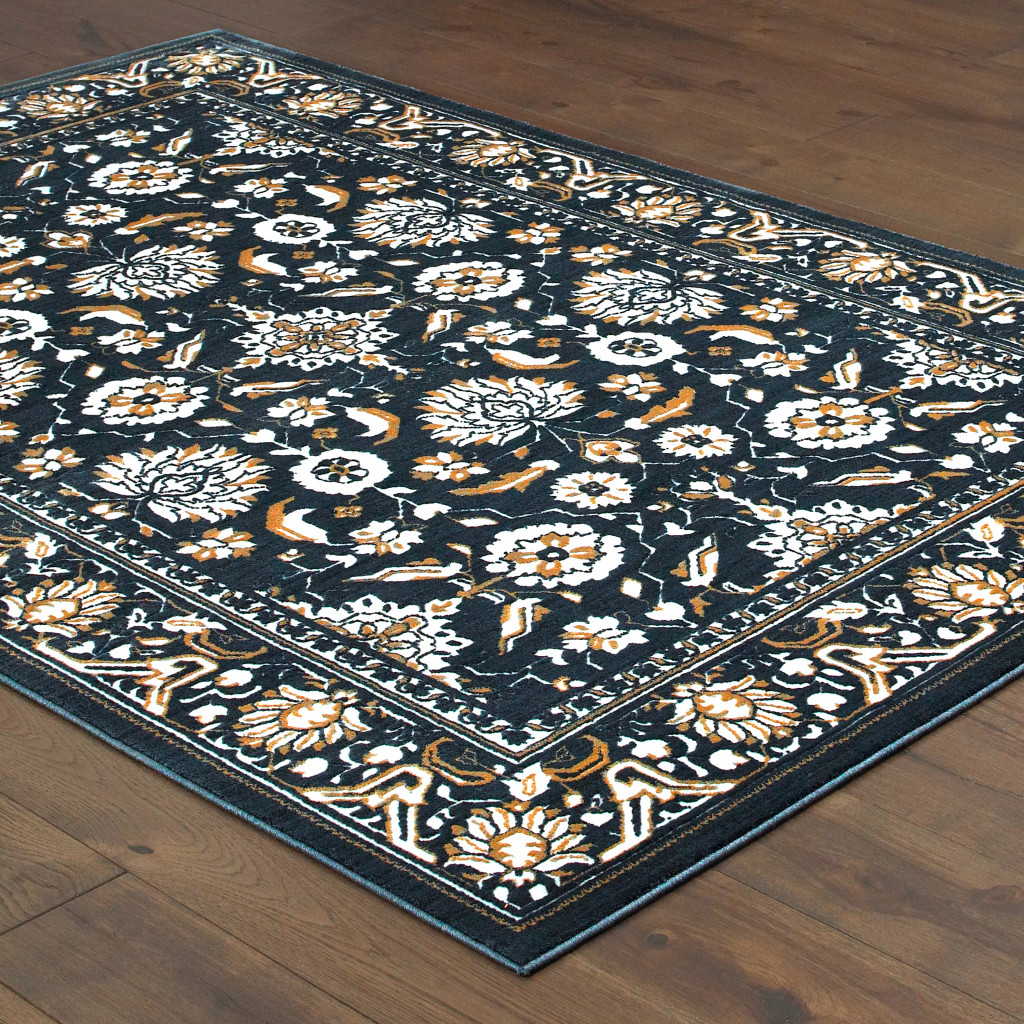5" X 8" Navy Caramel And Ivory Oriental Power Loom Stain Resistant Area Rug