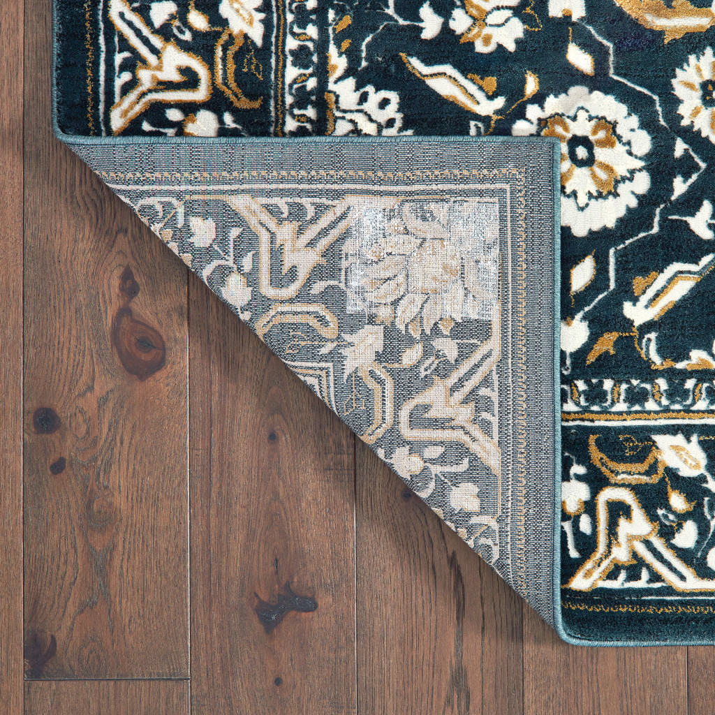 5" X 8" Navy Caramel And Ivory Oriental Power Loom Stain Resistant Area Rug