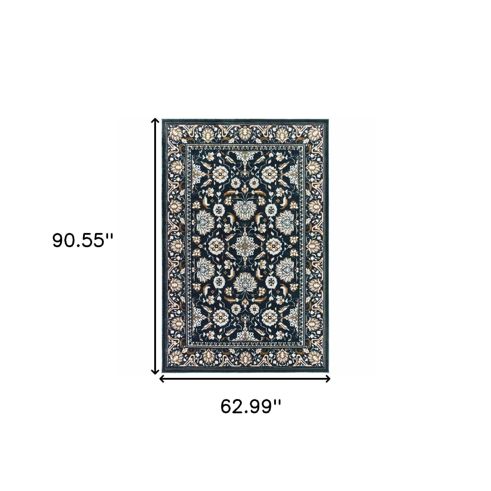 5" X 8" Navy Caramel And Ivory Oriental Power Loom Stain Resistant Area Rug