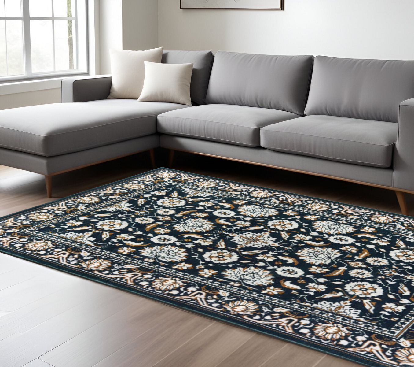7" X 10" Blue and Ivory Oriental Power Loom Area Rug