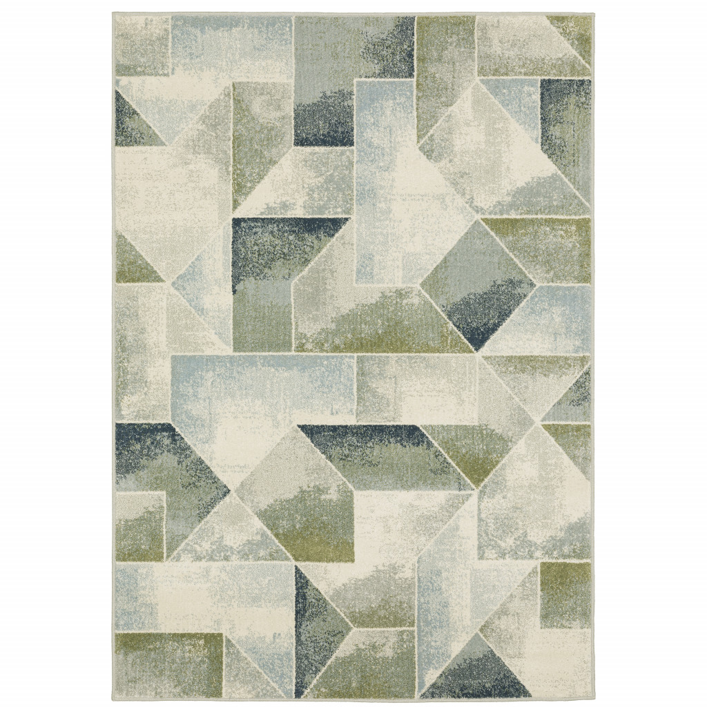 3" X 5" Blue Green Grey Gold And Ivory Geometric Power Loom Stain Resistant Area Rug