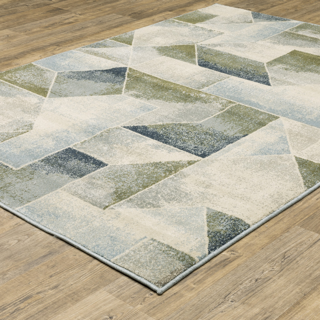 8" X 10" Blue Green Grey Gold And Ivory Geometric Power Loom Stain Resistant Area Rug