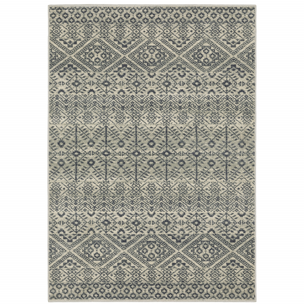 5" X 7" Blue And Beige Geometric Power Loom Stain Resistant Area Rug