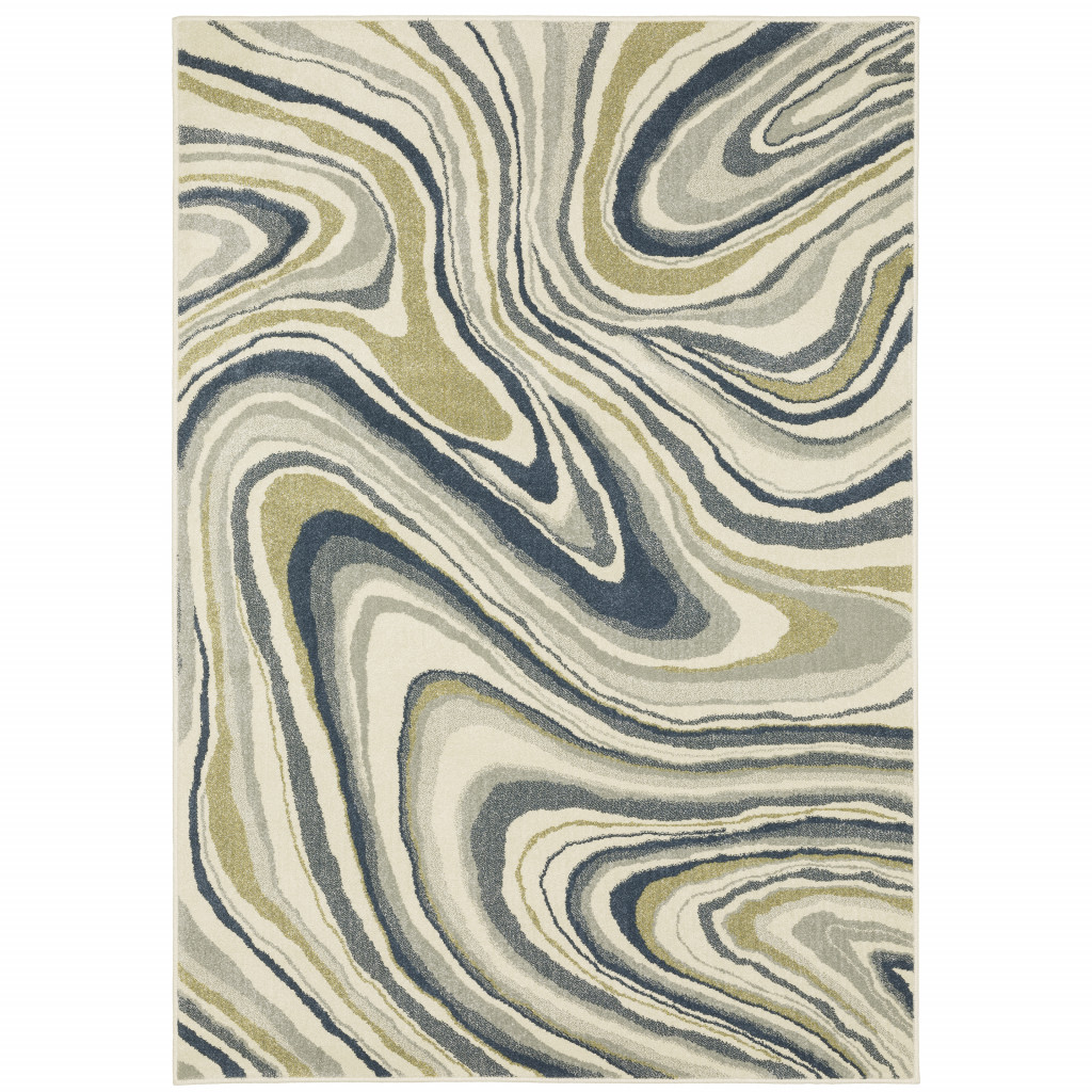 10" X 13" Ivory Blue And Beige Abstract Power Loom Stain Resistant Area Rug