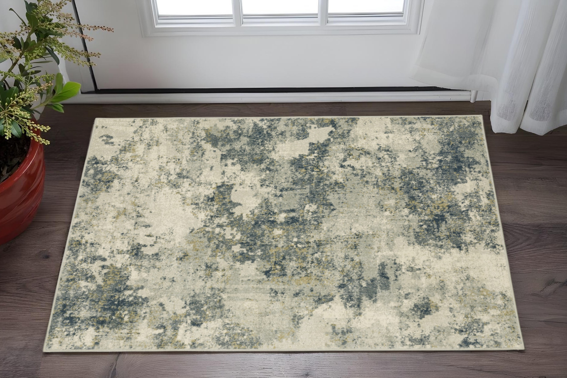3' X 5' Beige Teal Grey And Gold Abstract Power Loom Stain Resistant Area Rug-508426-1