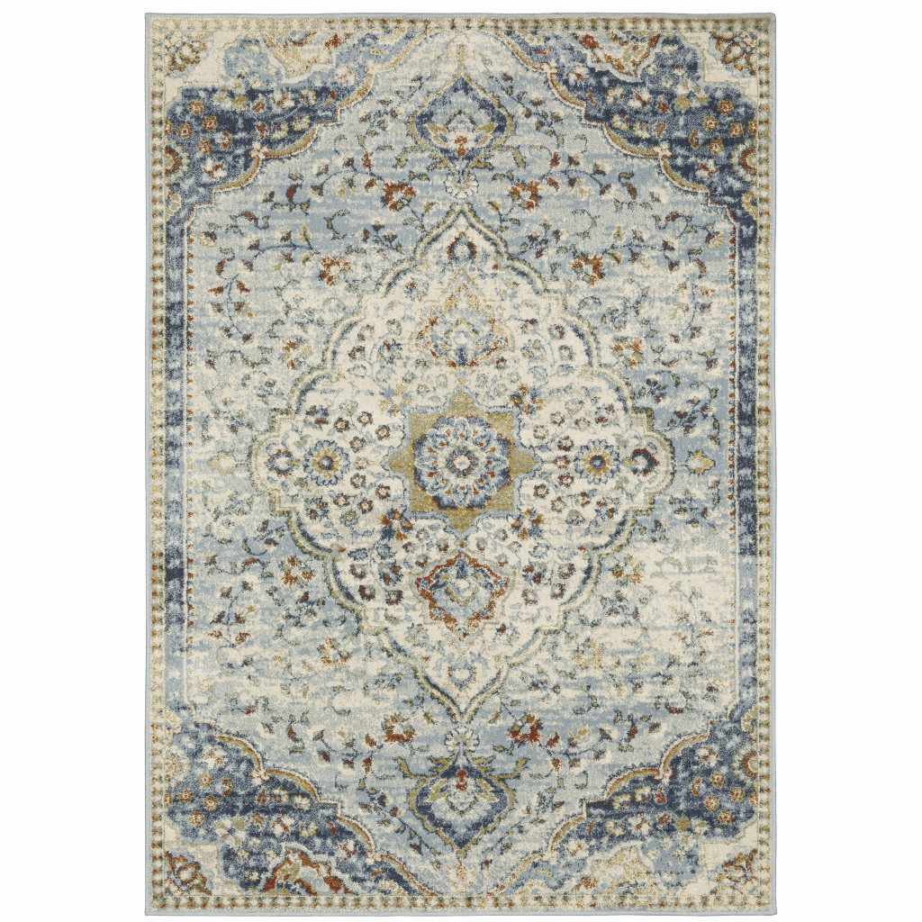 5" X 7" Blue Beige Rust Gold And Teal Oriental Power Loom Stain Resistant Area Rug