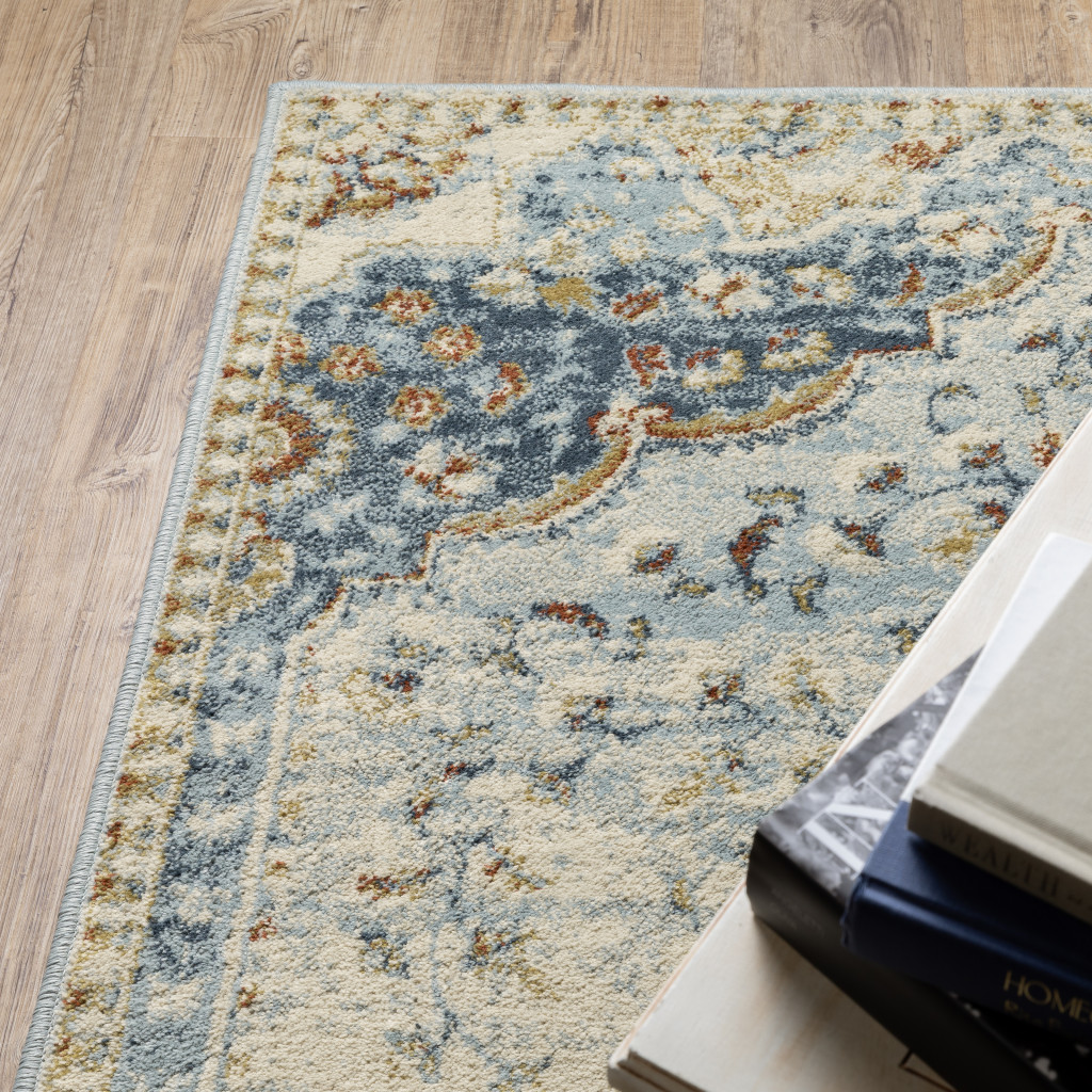 5" X 7" Blue Beige Rust Gold And Teal Oriental Power Loom Stain Resistant Area Rug