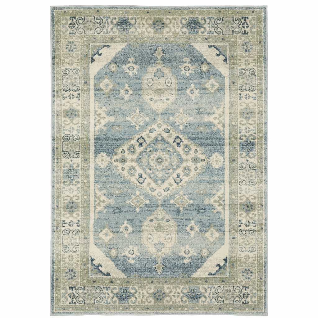 8" X 10" Blue Grey Beige And Teal Oriental Power Loom Stain Resistant Area Rug