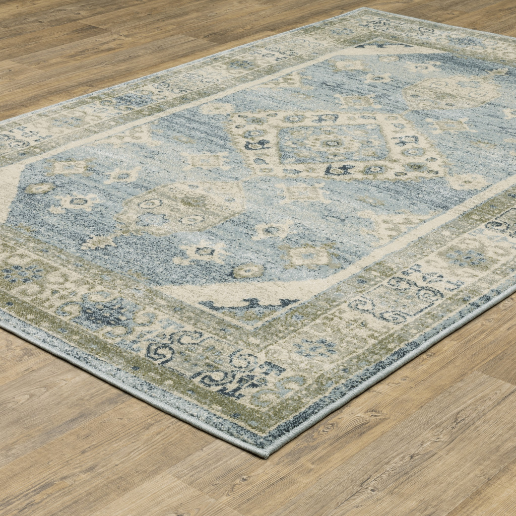 8" X 10" Blue Grey Beige And Teal Oriental Power Loom Stain Resistant Area Rug