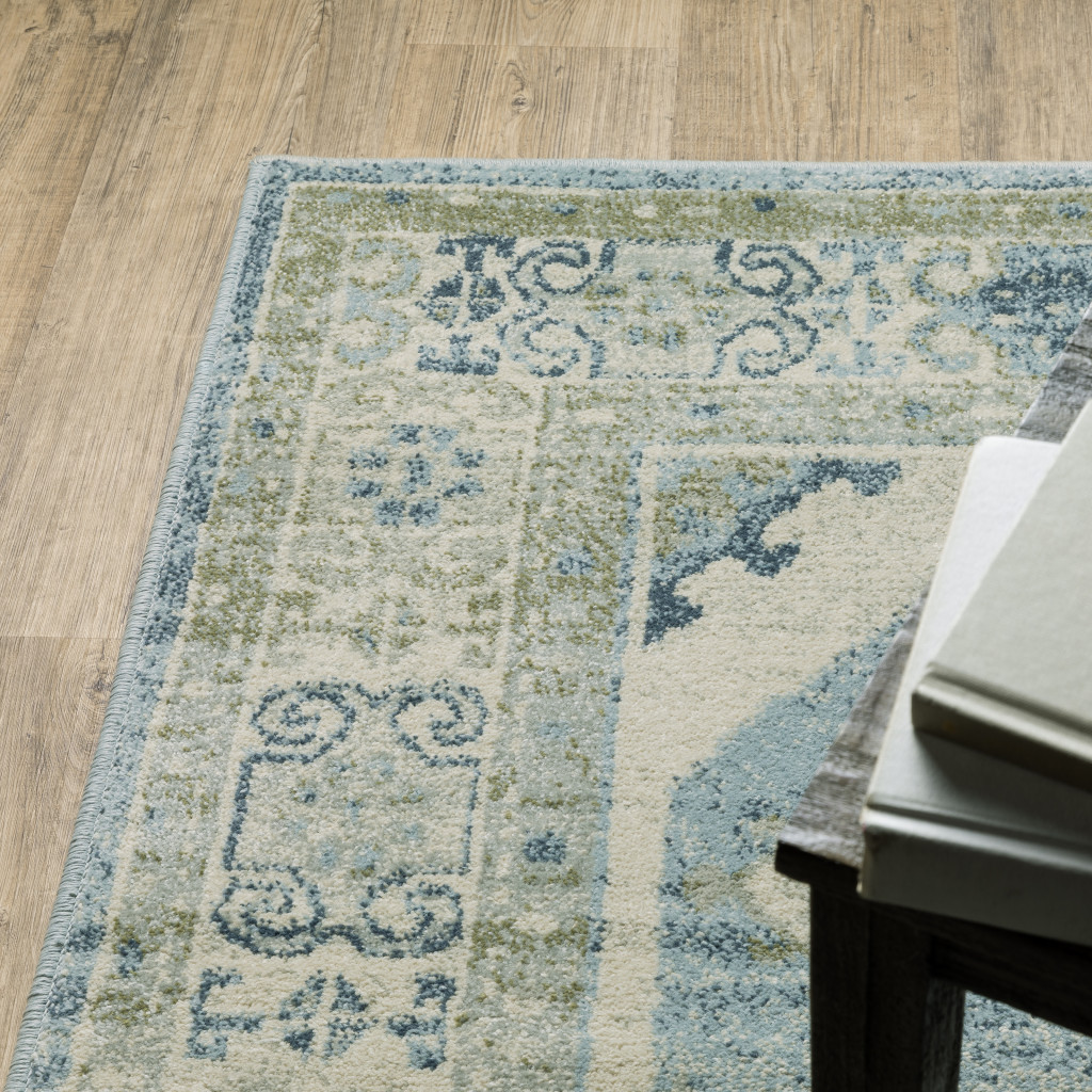 8" X 10" Blue Grey Beige And Teal Oriental Power Loom Stain Resistant Area Rug