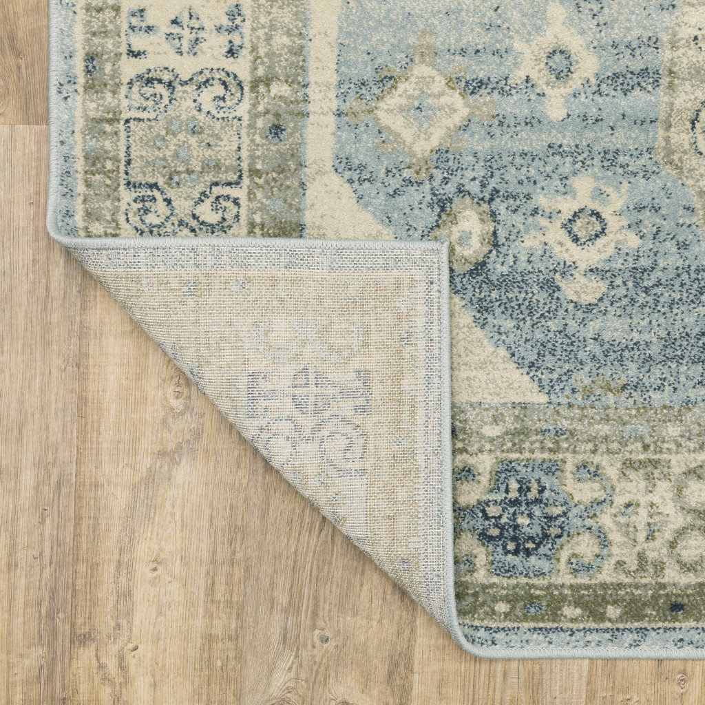 8" X 10" Blue Grey Beige And Teal Oriental Power Loom Stain Resistant Area Rug