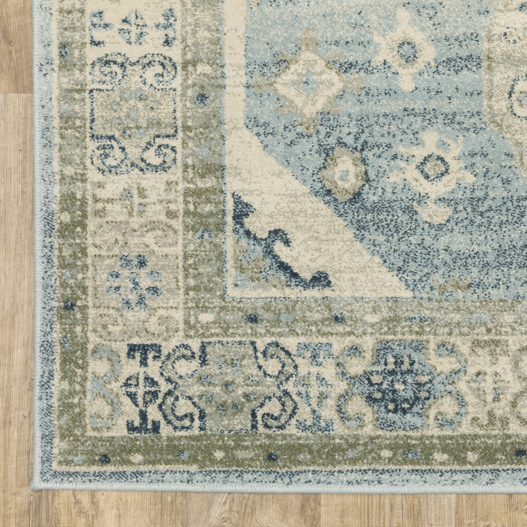 8" X 10" Blue Grey Beige And Teal Oriental Power Loom Stain Resistant Area Rug