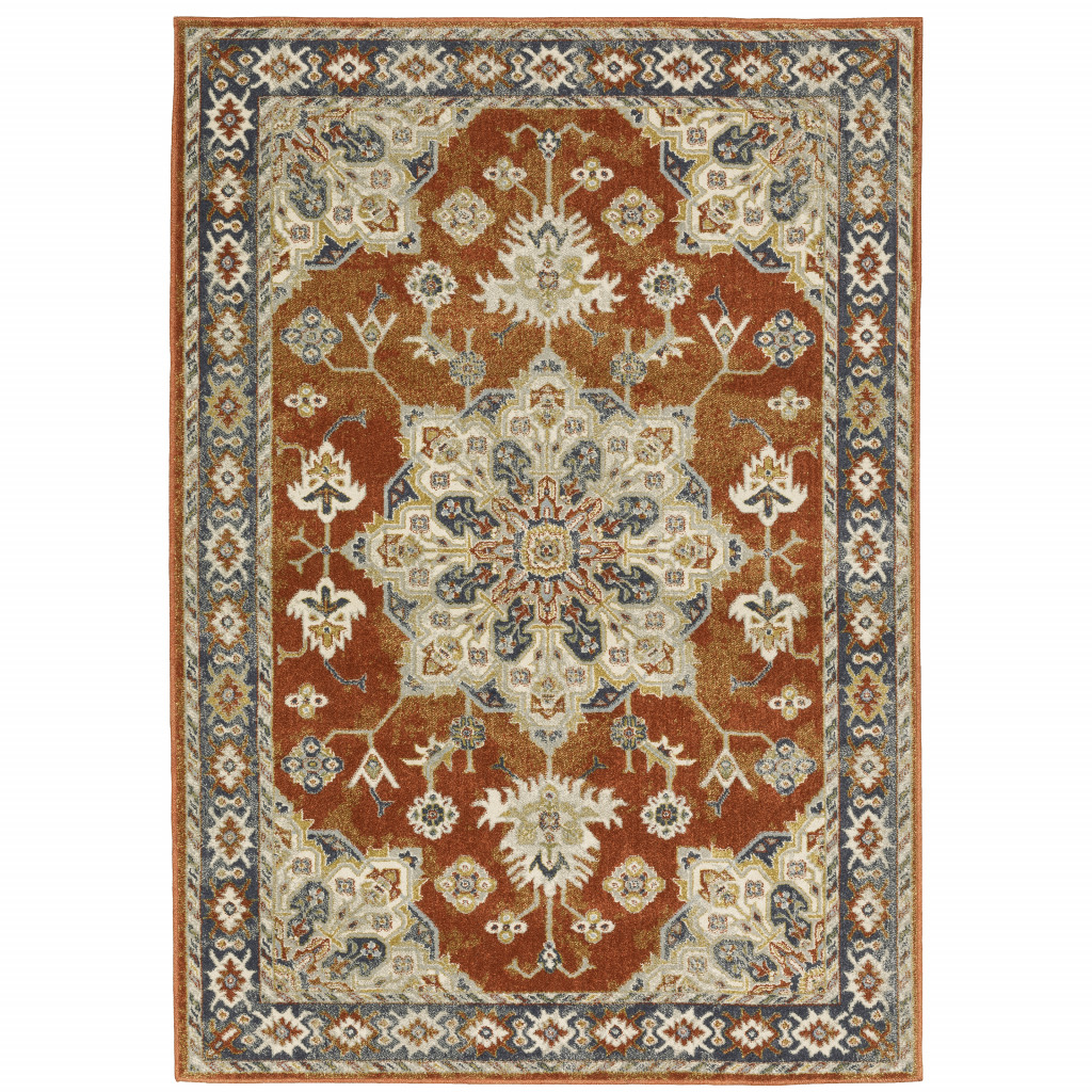 3" X 5" Rust Beige Teal Blue And Gold Oriental Power Loom Stain Resistant Area Rug