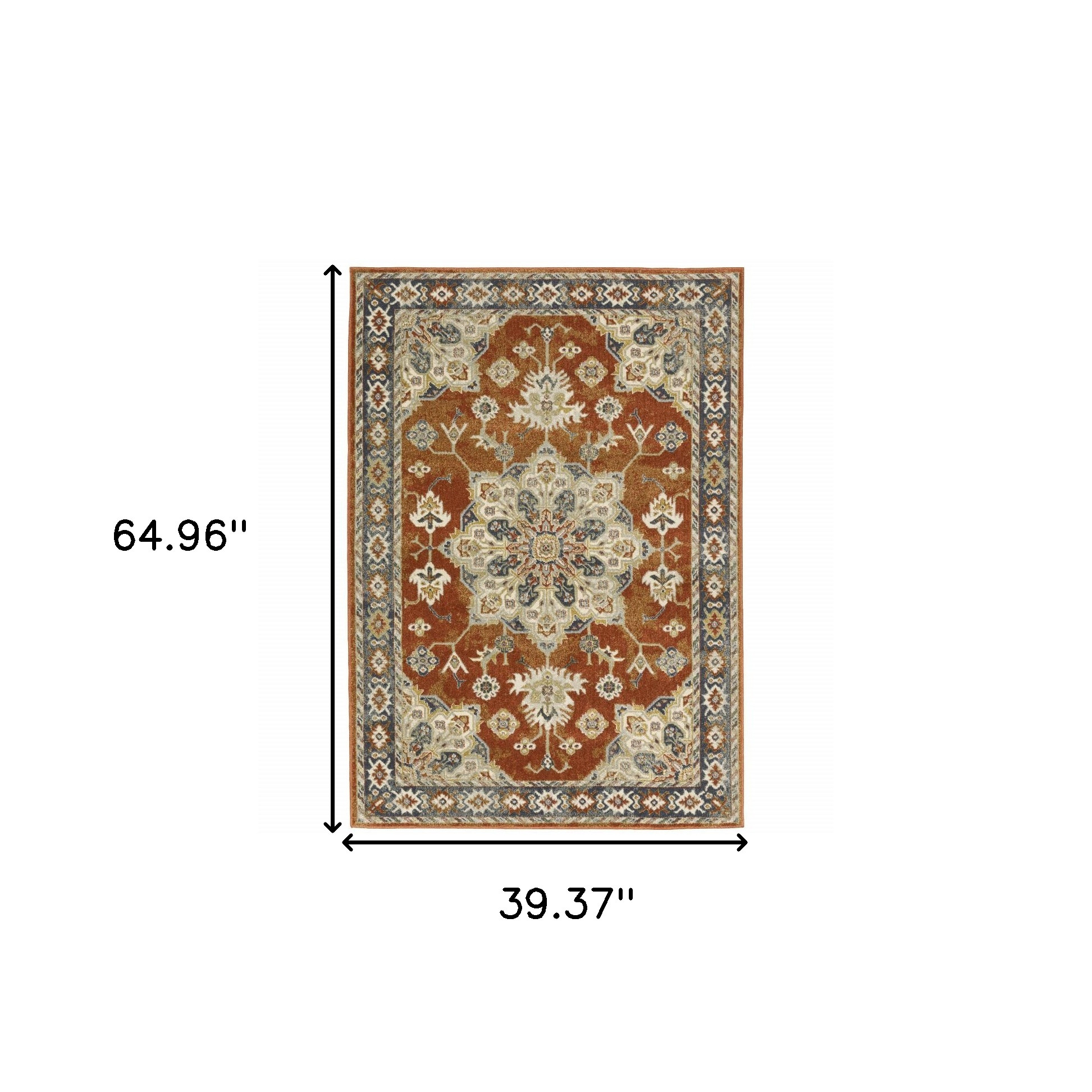 3" X 5" Rust Beige Teal Blue And Gold Oriental Power Loom Stain Resistant Area Rug