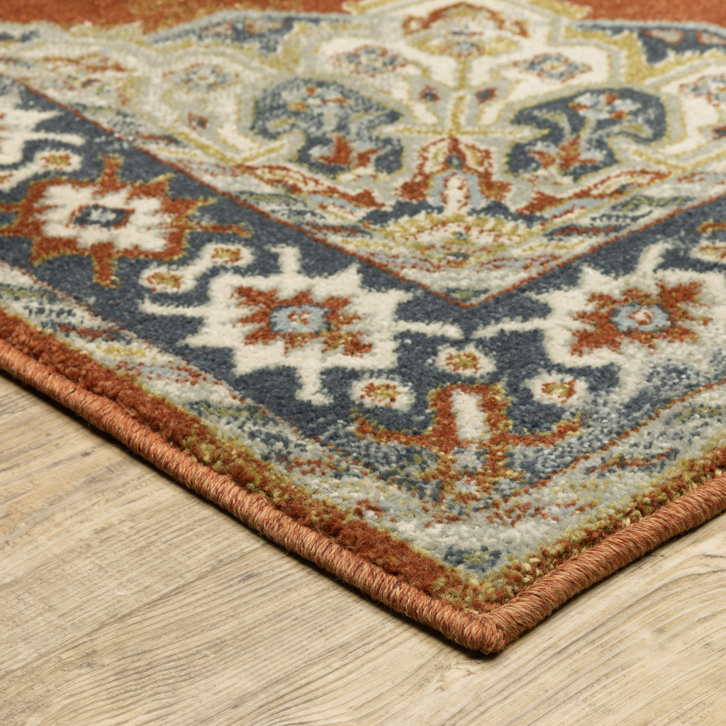 3" X 5" Rust Beige Teal Blue And Gold Oriental Power Loom Stain Resistant Area Rug