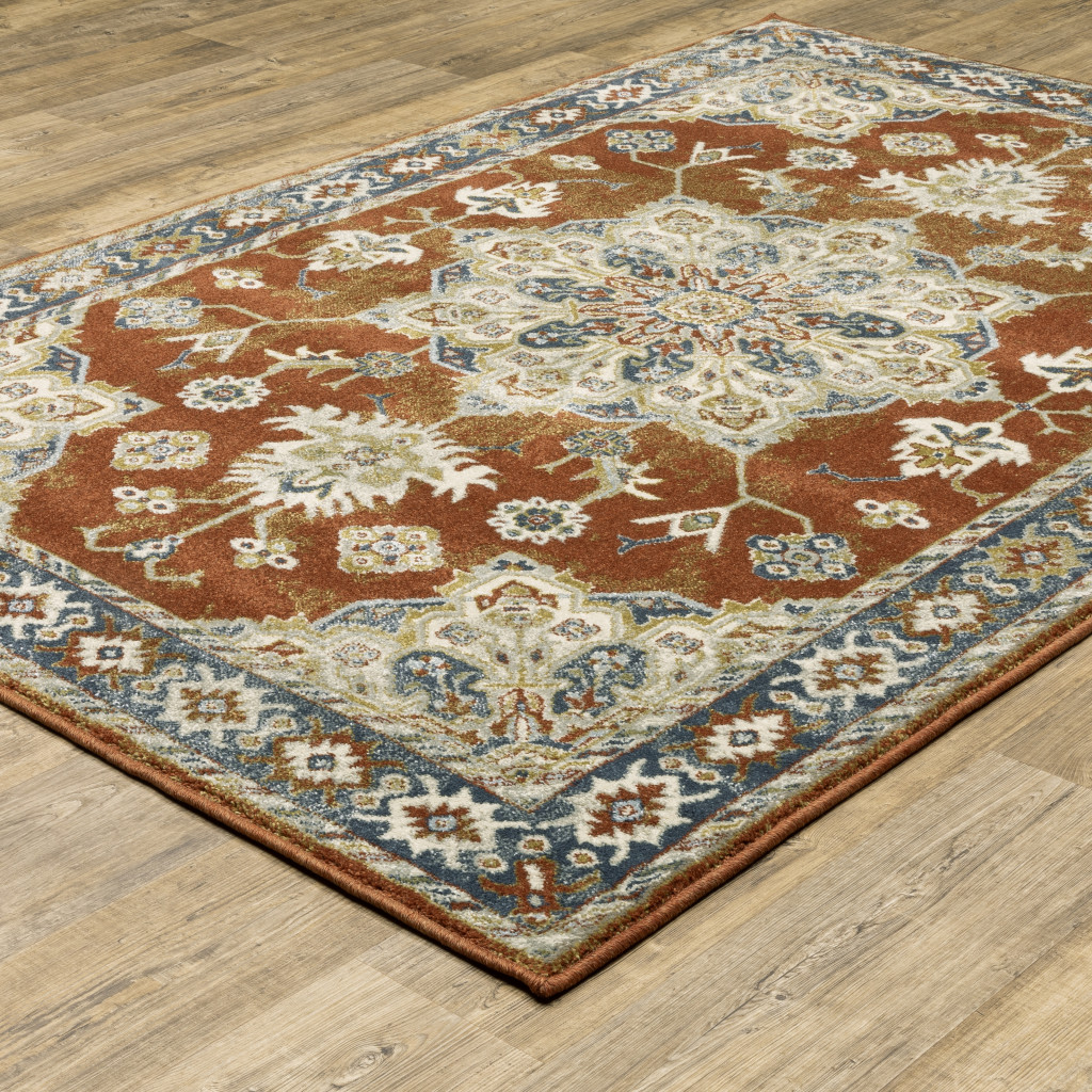 3" X 5" Rust Beige Teal Blue And Gold Oriental Power Loom Stain Resistant Area Rug