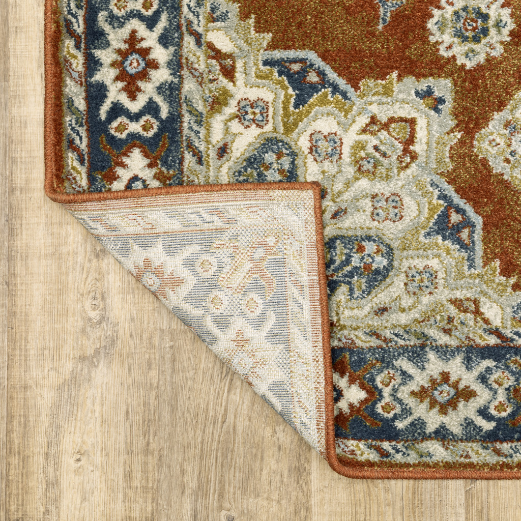 3" X 5" Rust Beige Teal Blue And Gold Oriental Power Loom Stain Resistant Area Rug