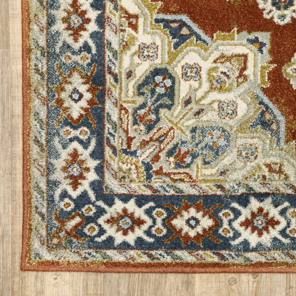 3" X 5" Rust Beige Teal Blue And Gold Oriental Power Loom Stain Resistant Area Rug
