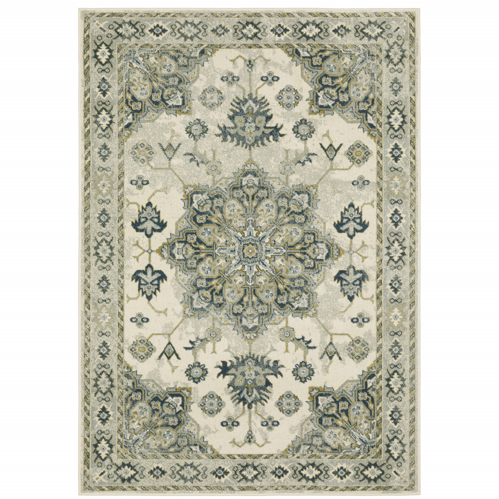 6 X 9 Ivory Blue Teal grey And Olive green Oriental Power Loom Stain Resistant Area Rug