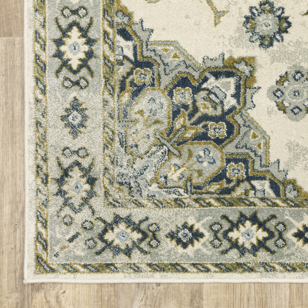 6 X 9 Ivory Blue Teal grey And Olive green Oriental Power Loom Stain Resistant Area Rug