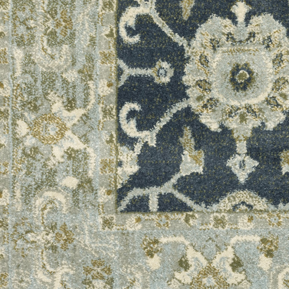 5" X 7" Teal Blue Ivory Green And Grey Oriental Power Loom Stain Resistant Area Rug
