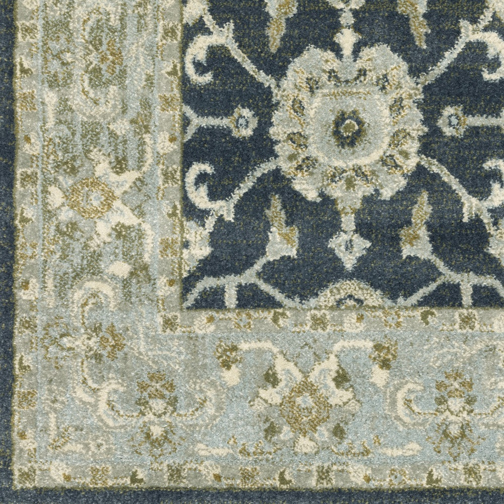 5" X 7" Teal Blue Ivory Green And Grey Oriental Power Loom Stain Resistant Area Rug