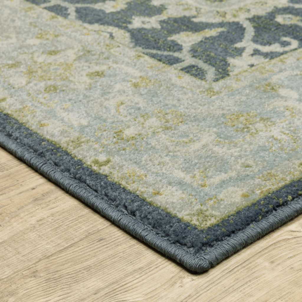 5" X 7" Teal Blue Ivory Green And Grey Oriental Power Loom Stain Resistant Area Rug