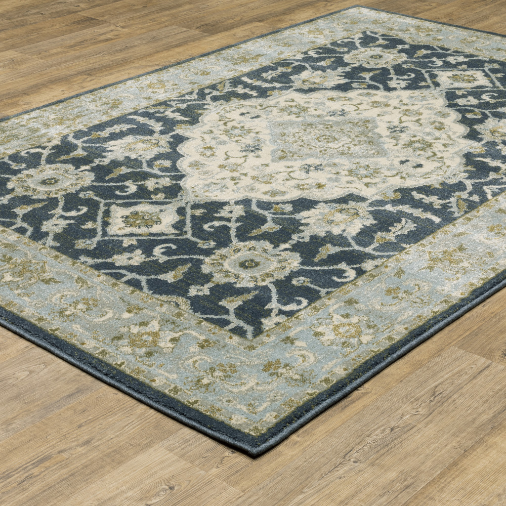 5" X 7" Teal Blue Ivory Green And Grey Oriental Power Loom Stain Resistant Area Rug