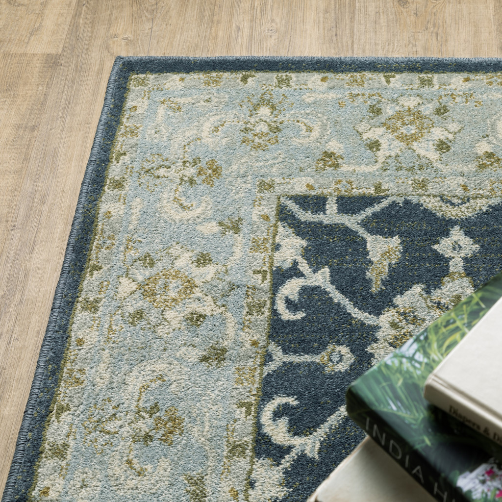 5" X 7" Teal Blue Ivory Green And Grey Oriental Power Loom Stain Resistant Area Rug