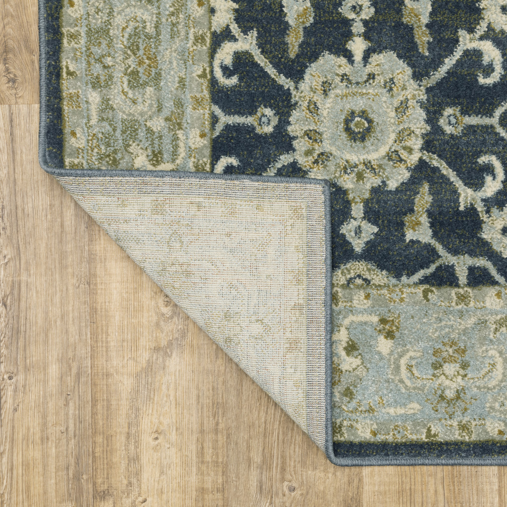 5" X 7" Teal Blue Ivory Green And Grey Oriental Power Loom Stain Resistant Area Rug