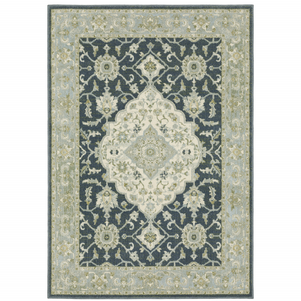 6 X 9 Teal Blue Ivory green And grey Oriental Power Loom Stain Resistant Area Rug