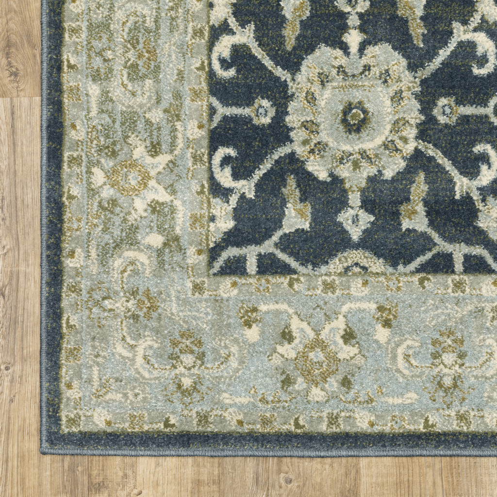 6 X 9 Teal Blue Ivory green And grey Oriental Power Loom Stain Resistant Area Rug