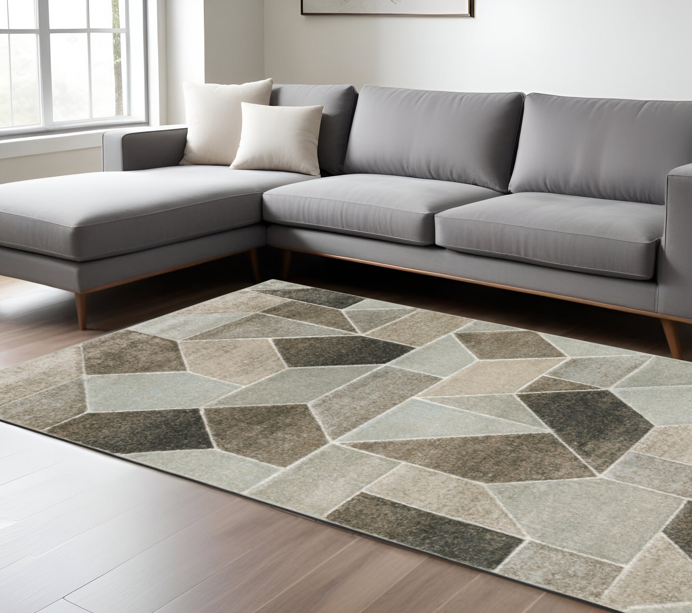 8" X 11" Gray and Ivory Geometric Power Loom Area Rug