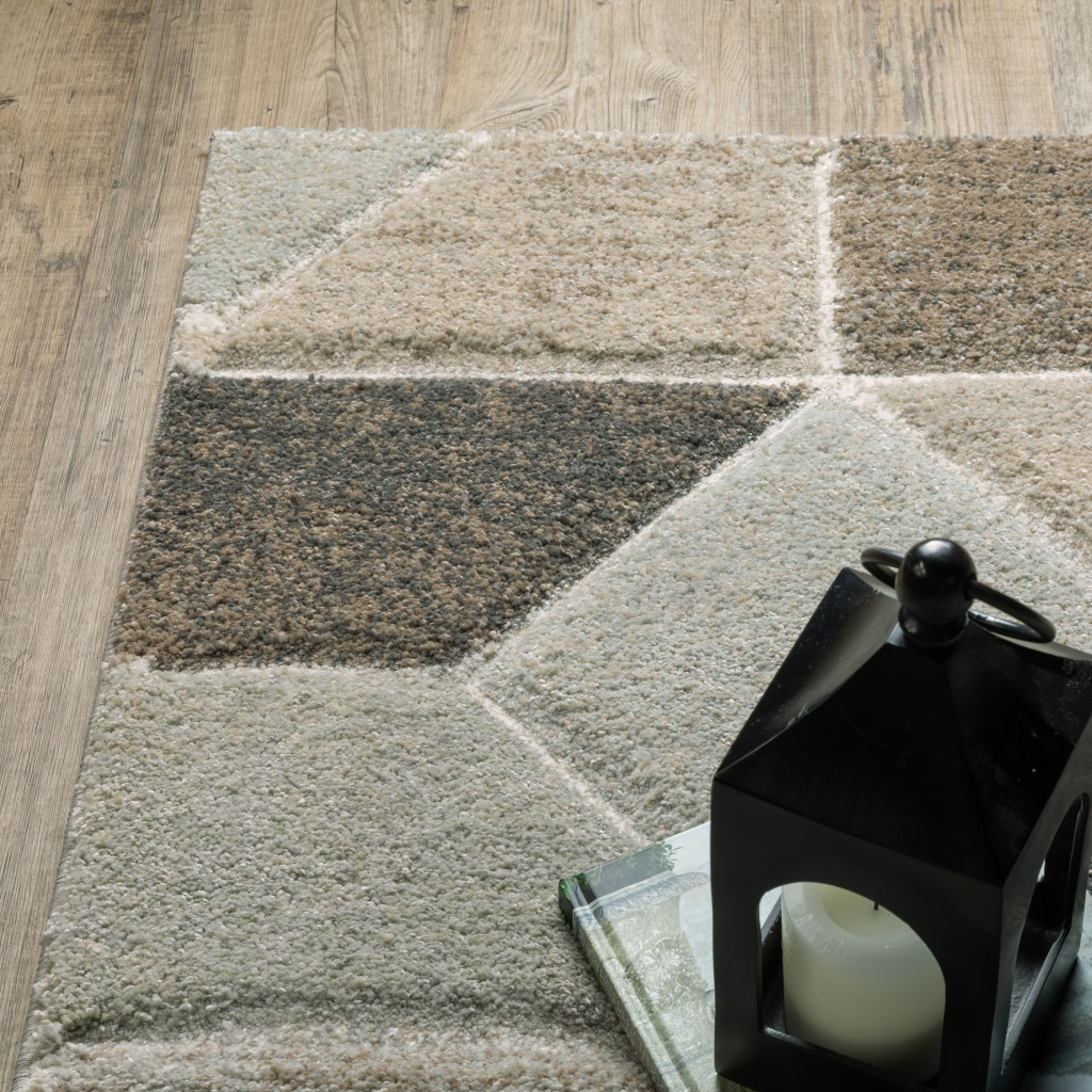 10" X 13" Grey Brown Beige Tan Taupe And Ivory Geometric Power Loom Stain Resistant Area Rug