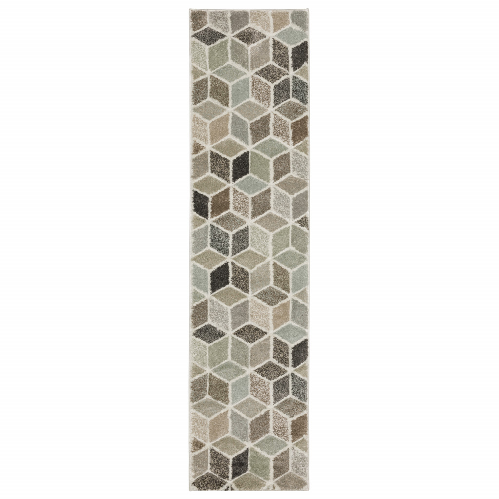 2" X 8" Beige Brown Grey Tan Sage And Pale Blue Geometric Power Loom Stain Resistant Runner Rug