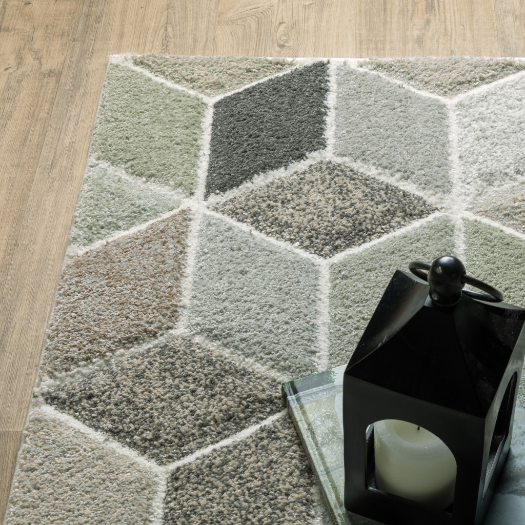 2" X 8" Beige Brown Grey Tan Sage And Pale Blue Geometric Power Loom Stain Resistant Runner Rug