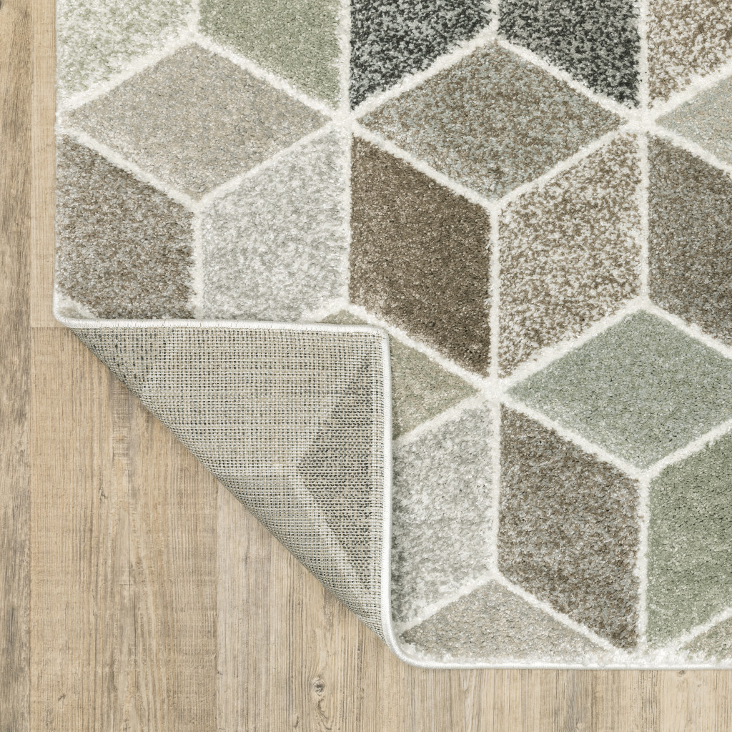 2" X 8" Beige Brown Grey Tan Sage And Pale Blue Geometric Power Loom Stain Resistant Runner Rug