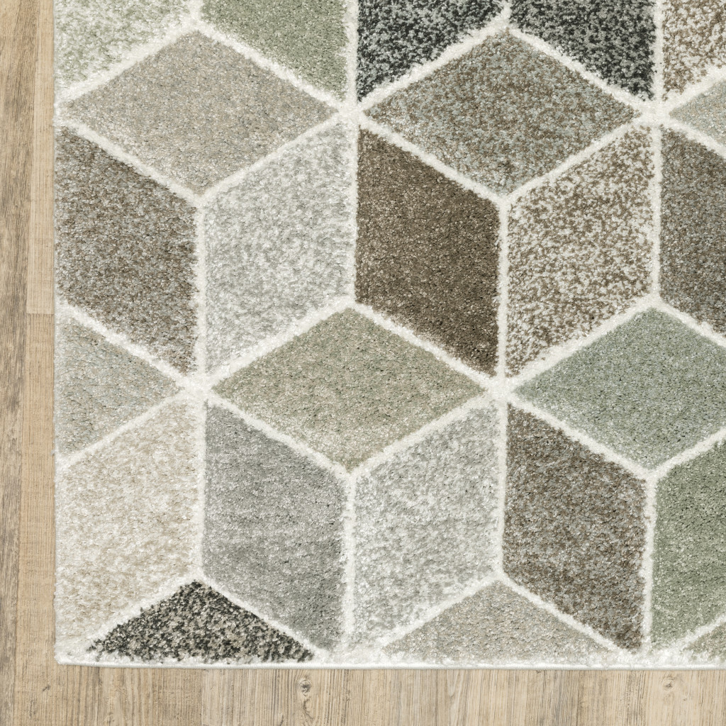 2" X 8" Beige Brown Grey Tan Sage And Pale Blue Geometric Power Loom Stain Resistant Runner Rug