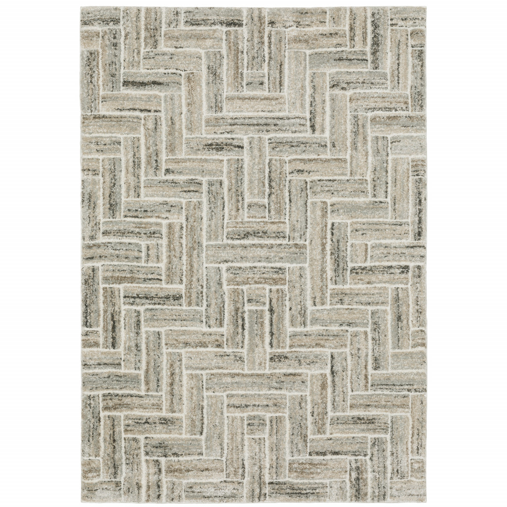 3 X 5 Ivory Beige grey Brown Pale Blue And charcoal geometric Power Loom Stain Resistant Area Rug