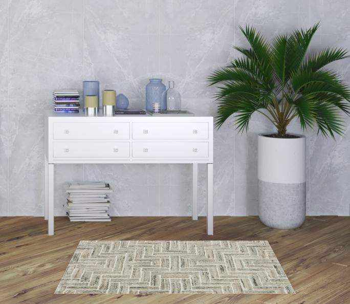 3 X 5 Ivory Beige grey Brown Pale Blue And charcoal geometric Power Loom Stain Resistant Area Rug
