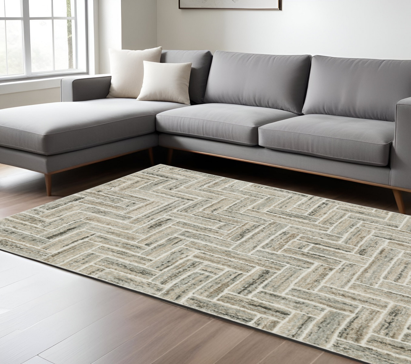 7" X 10" Beige and Ivory Geometric Power Loom Area Rug