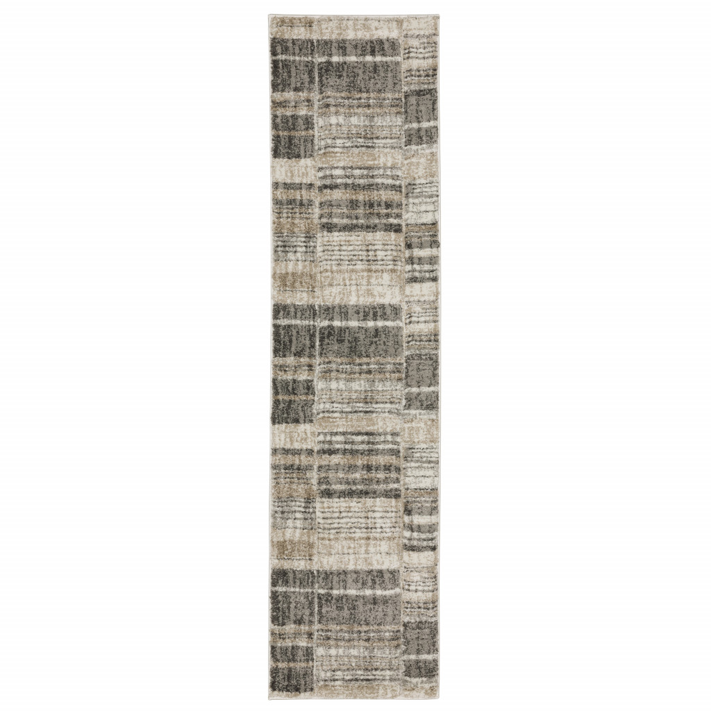 2" X 8" Grey Charcoal Ivory Tan Brown And Beige Geometric Power Loom Stain Resistant Runner Rug